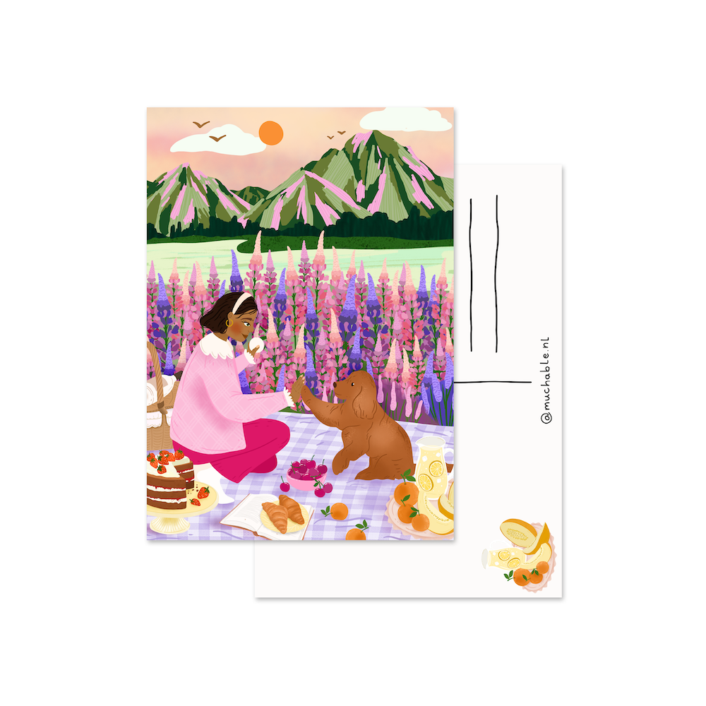 Card woman with dog