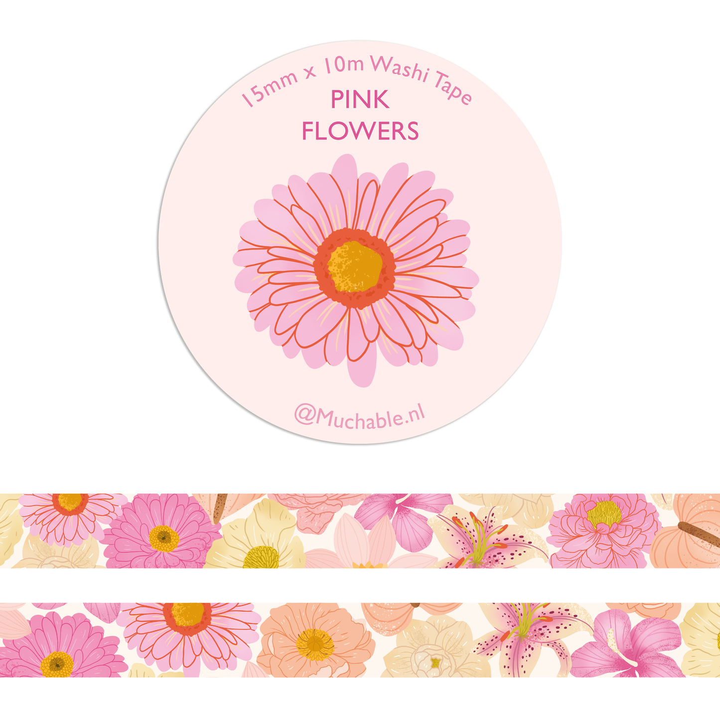 Washitape - roze bloemen