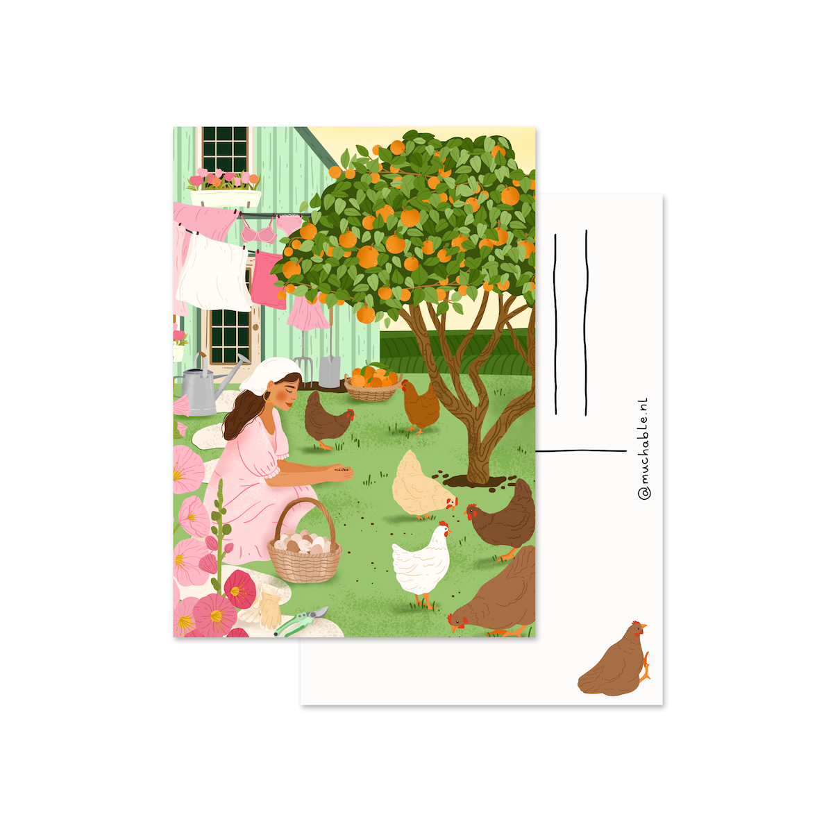 Card woman with chickens
