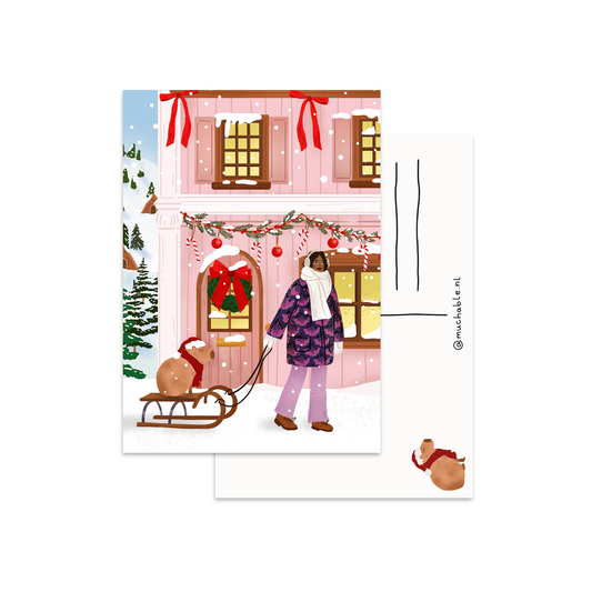 Kerstkaart girl with capybara