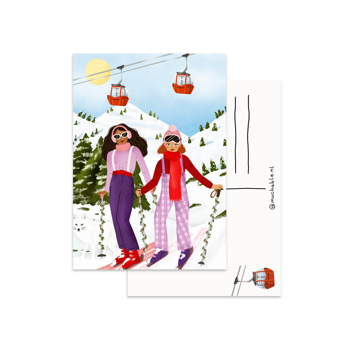 Kerstkaart vrouwen skiën