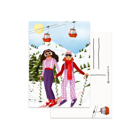 Kerstkaart vrouwen skiën