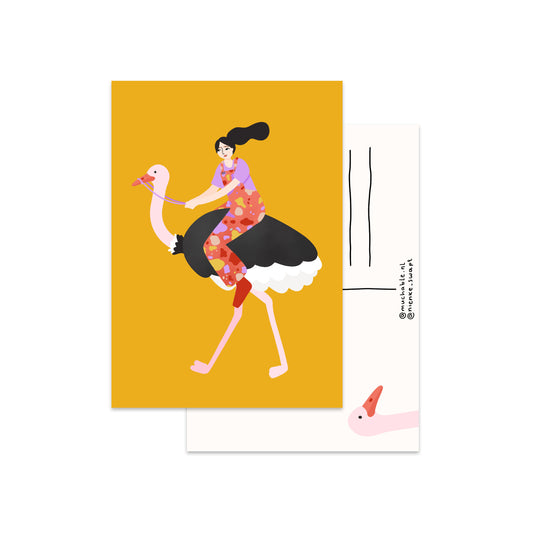 Kaart illustratie meisje op struisvogel
